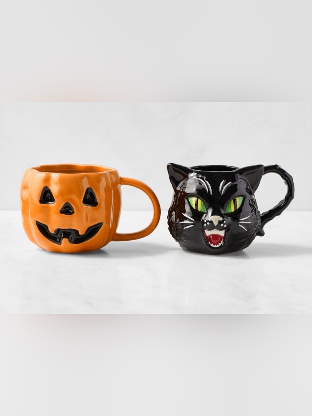 Williams Sonoma Orange Pumpkin and Black Cat Ceramic Halloween Mugs